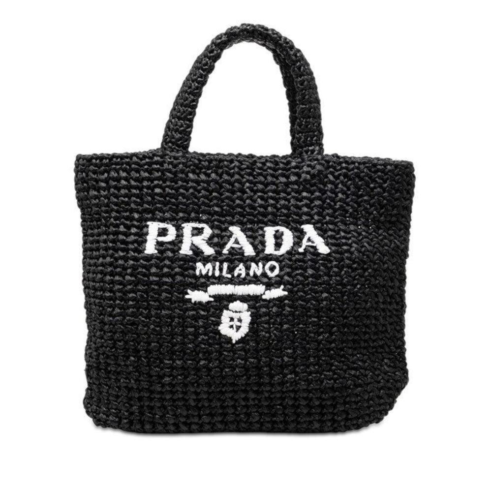 Prada Crochet Triangle Logo Plate Tote Bag Black Viscose